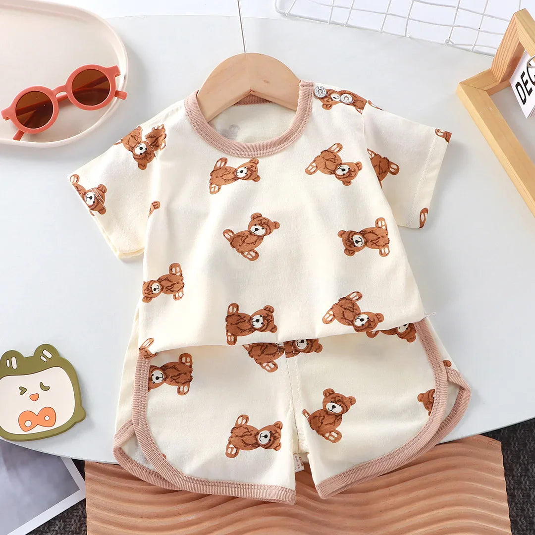 Summer Toddler Boys Cartoon Bear T-Shirt-Shorts